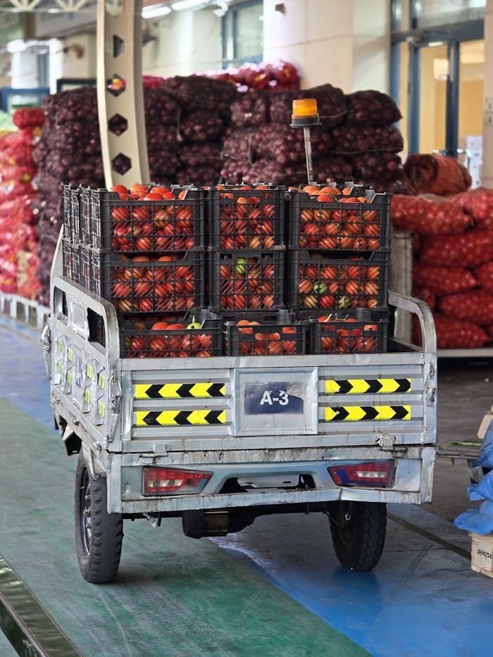 about-02 A small truck loaded with fresh tomatoes at a bustling market in Dubai.